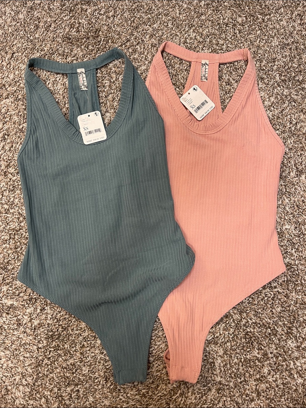 NWT! Free People - Ribbed Racerback Bodysuit 2-Pack - Pink & Green - XS